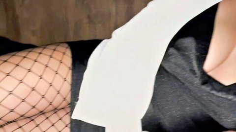 Memewmbem spreading legs in black dress and fishnet stockings