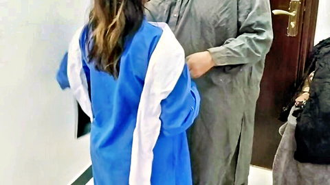 Desi college girl in blue gown with step-dad, intimate shoulder touch