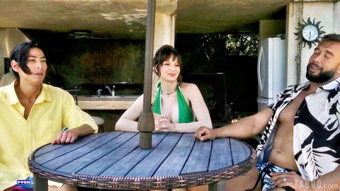Lexi Luna in green bikini with stepson and friend in taboo threesome setup