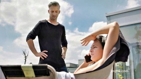 Leanne Lace as busty stepdaughter in bikini on phone, stepdad watches intently