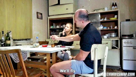 Blonde Czech wife flirts with lover in kitchen during anniversary swap