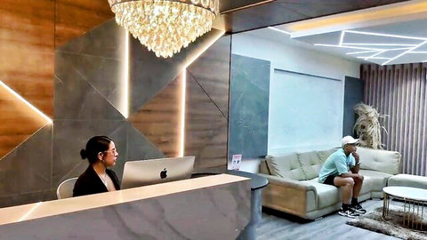 Kylei Ellish as Latina receptionist in office blazer, teasing before tight pussy drill