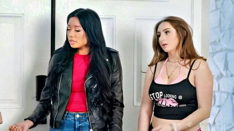 Petite brunettes Kimmy Kimm and Siri Dahl in sexy lesbian clothing tease
