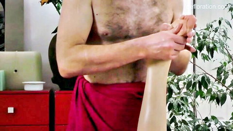 Amy receives sensual naked massage from naughty hairy masseur