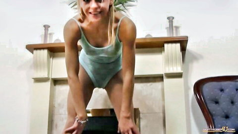 Cute blonde Honey squatting in sexy blue tights solo