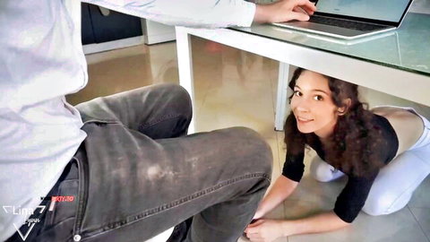 LinaLynn kneels under desk for oral tease in office threesome