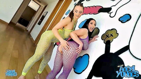 Angela White and Angelica in fishnet bodysuits groping in POV threesome tease