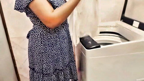Arundathi X in polka dot dress teasing by laundry, naughty step-sister vibe