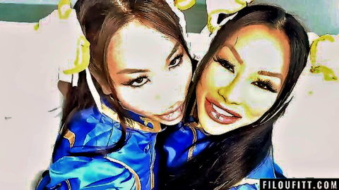 Two sexy Asian MILFs in tight blue cosplay posing close-up selfie style