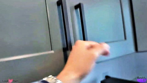 Stepmom huge tits seduces son with hand gesture in kitchen tease