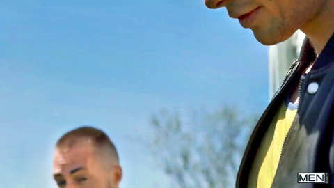 Two fit men outdoors in Brazzers motorhome scene with Natasha Nice, Cherie DeVille, Ellie Nova