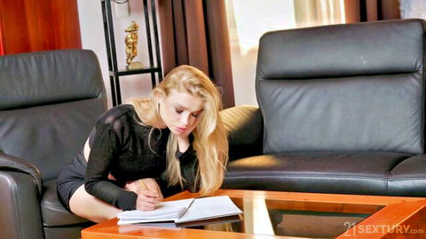 Alexa Flexy in black crop top and mini skirt, teasing while writing, POV