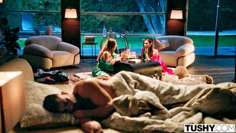 Gianna Dior & April Olsen in lingerie tease sleeping man