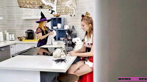 Haley Reed and Penny Pax in sexy Halloween witch costumes in wild party scene