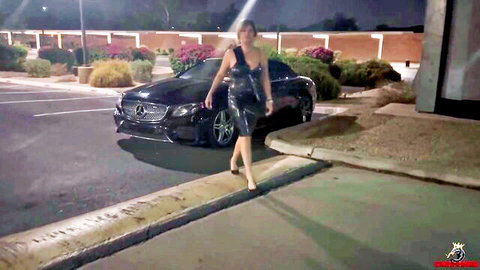 Busty woman in shiny black dress walks to Mercedes for hardcore meetup