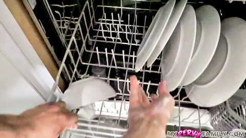 PAWG step-sis loads dishwasher before rewarding step-bro with footjob, blowjob & hardcore fuck