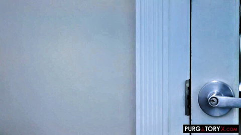 Closed blue door with silver doorknob in PurgatoryX adult video thumbnail