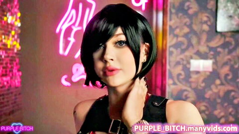 Purple Bitch seductive pose in black top, black bob hair, dominant milf vibe