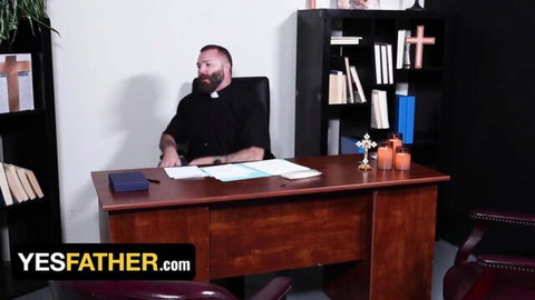 Bishop Rob Montana in priest collar at desk, YesFather gay scene