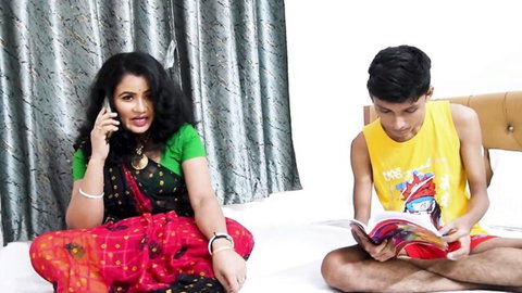 Desi stepmom in red saree tempts stepson-in-law on phone call