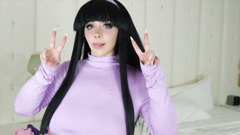 Trixie cosplay as thick egirl in purple turtleneck, playful pose with tongue out