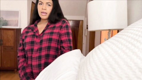 Maya Farrell in seductive pink plaid shirt, night visitor bedroom tease