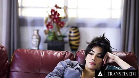 Seductive trans babe with dark hair lounging on couch in casual wear
