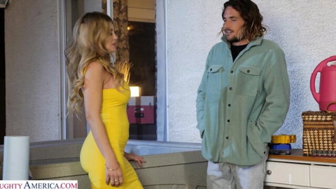Blonde babe Kayla Kayden in tight yellow dress flirts with Tyler Nixon outdoors