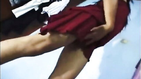 Amateur girlfriend lifts short red pleated skirt exposing bare juicy ass cheeks
