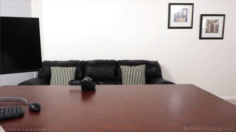 Empty Backroom Casting Couch room with black leather sofa ready for amateur porn auditions and rough fucks