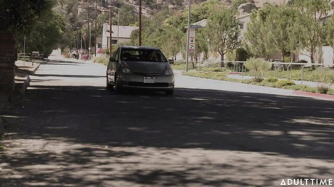 Silver sedan driving down sunny suburban street lined with trees and houses