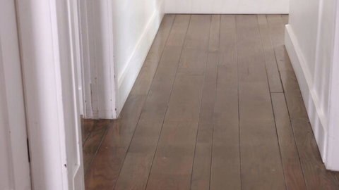 Empty white hallway with polished brown wooden floor and open doors