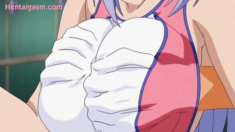 Hentai anime teen with huge tits cupped in white gloves, submissive wild pose