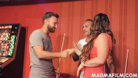 German BBW in red dress with two men in pool hall