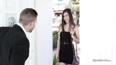 Anya Krey in short black dress meets suited man at door for escort hookup