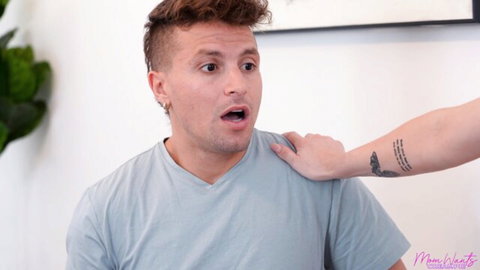 Savanah Storm's tattooed hand grips surprised man's shoulder in stepmom tease