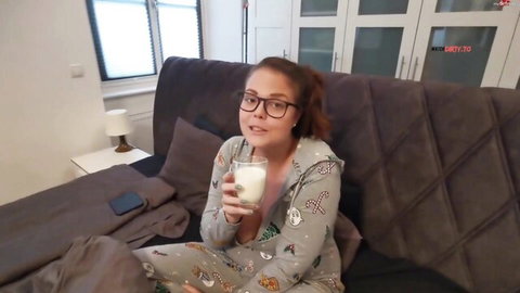 Lea Lovebird in cute onesie holding milk, big tits tease POV