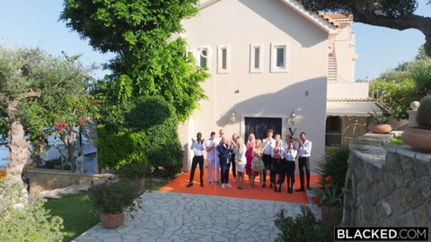 Blacked.com interracial cast of BBC studs and hot white women posing on red carpet at luxury villa