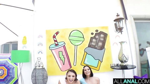Two smiling brunettes posing playfully in All Anal preview thumbnail