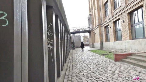 German BBW MILF walking seductively in graffiti alley for hardcore casting
