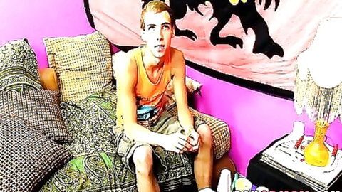 Kinky teen in tank top and shorts, ready for fleshlight solo play