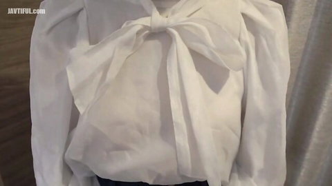 Stunning white beauty with G-cup tits in elegant white bow blouse
