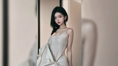 Stunning Korean beauty in elegant lace lingerie slip