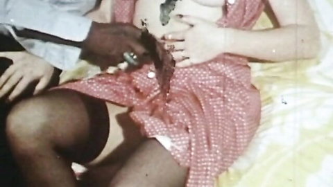 Vintage hairy pussy fingering in red dress with black man