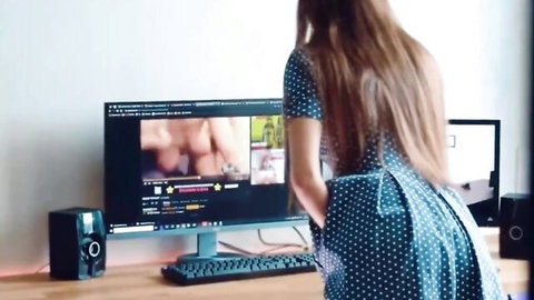 Brunette student in polka-dot dress watches wild orgy video with muscular neighbor