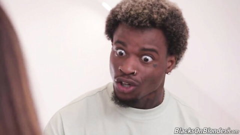 Surprised black guy with curly fro faces horny blonde wife in interracial craving scene