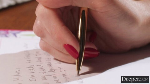 Angie Faith's seductive hand writing a teasing note before hardcore action