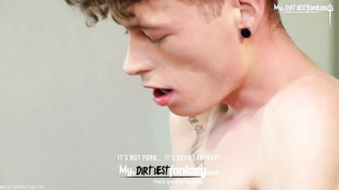 British blond twink close-up, mouth open in ecstasy during rimming