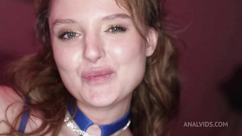 Young brunette with blue diamond collar pouts seductively teasing for rough anal
