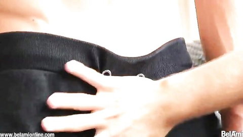 Zac Dehaan and Torsten Ullman intimate crotch touch in black pants